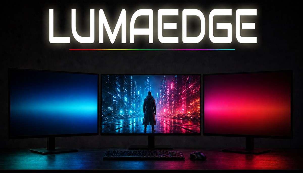 LumaEdge extending blue and red game colors across a three-monitor setup