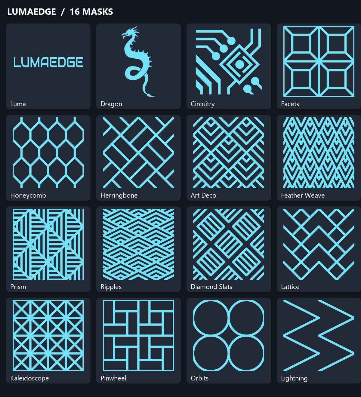 The sixteen included LumaEdge masks, including Dragon, Circuitry, Honeycomb, Art Deco, and Lightning